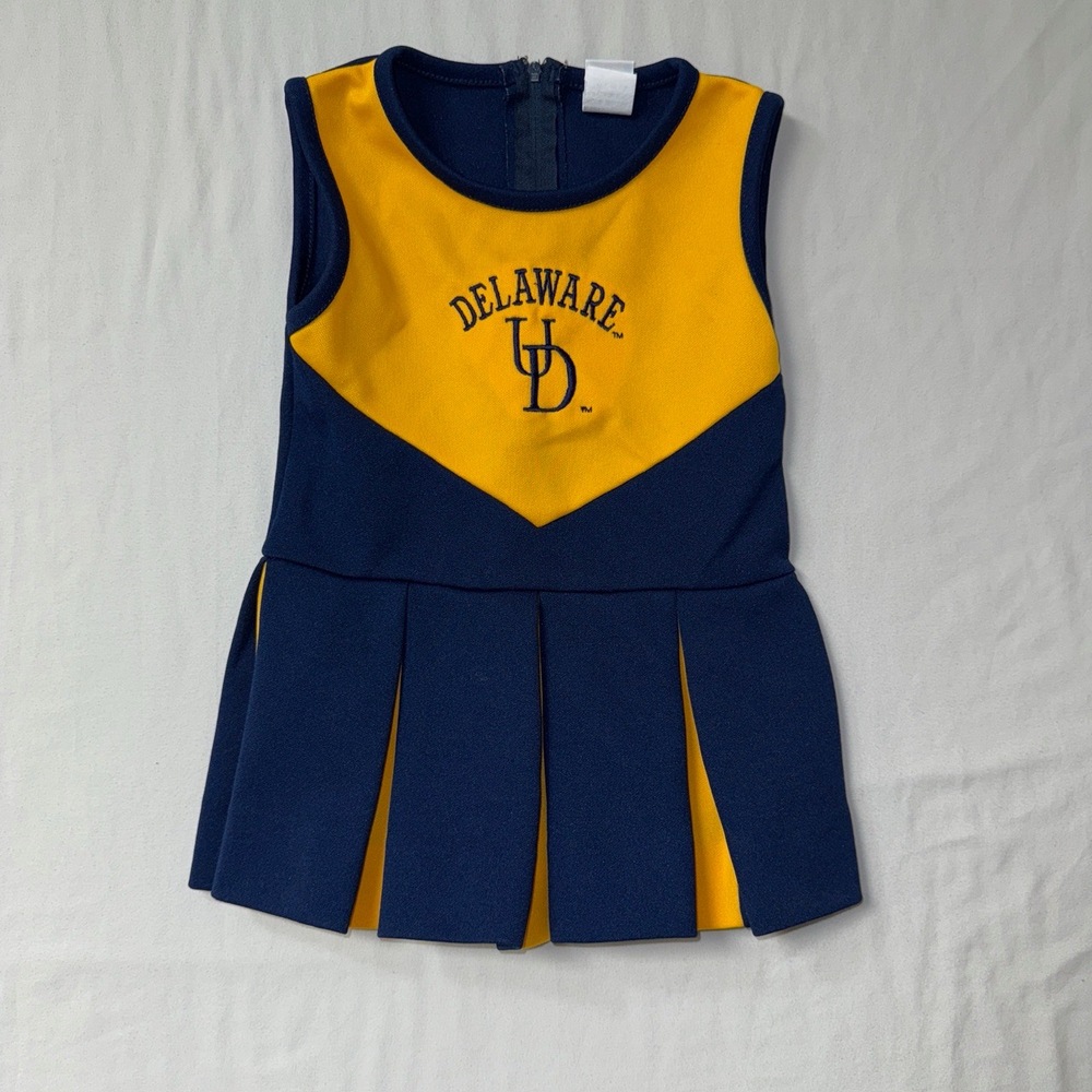 University UD Delaware Cheerleader Dress Girls Size 3 Yellow Navy Pleated Logo